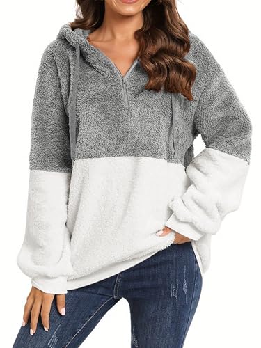 Vossmi Sudaderas con Capucha para Mujer Jersey de Forro Polar Suelto Sudadera Manga Larga con Caliente Otoño Invierno Blanco grisáceo,M