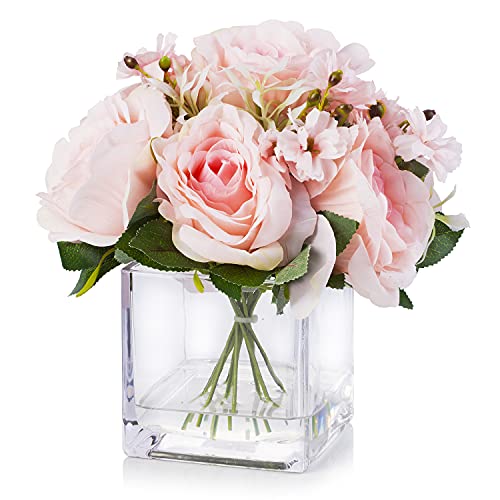 Enova Floral Mixed Artificial Silk Roses Faux Flowers Arrangement in Cube Glass Vase with Faux Water Home Office Wedding Decor (Pink)