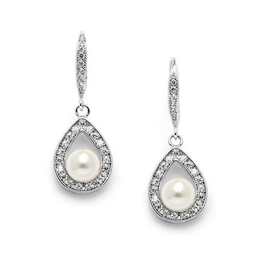 Mariell Pearl Drop Wedding Earrings with CZ Crystals, Jewelry for Brides, Bridesmaids, Birthday Gift