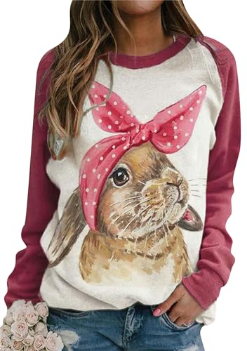 Image of Women's Easter Basic Sweatshirt Crew Neck Long Sleeve Sweatshirt Casual Loose Sweatshirt with Rabbit Print