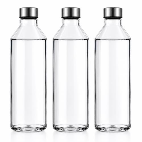 Image of 750ml Glass Water Bottle Pack of 3 with Stainless Steel Leak Proof Cap, Transparent Reusable Drinking Bottle for Home, Office, Gym, Travel, Refrigerator, Premium Glass Bottles