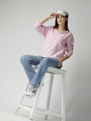 Image of Women's Boyfriend /Loose Fit Full Sleeve Drop Shoulder Loopknit V-Neck Neck Sweatshirt Oversized Cotton Winter T-Shirt for Women Korean Style Casual | Trendy Baggy Fit for Girls