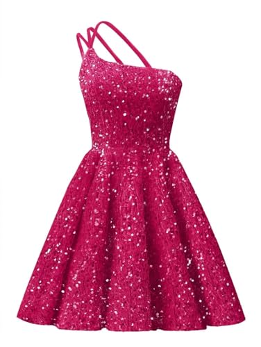 yinyyinhs Sequin Homecoming Dresses for Teens Short Sparkly One Shoulder A-line Backless Prom Cocktail Party Ball Gowns with Pockets Hot Pink US16