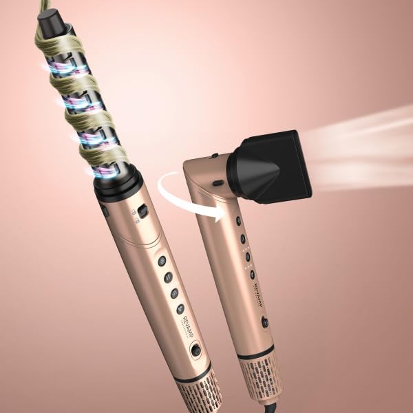 REVAMP Dynamic Radiance Pro Blow Dry Styler 7 in 1 – Motore Brushless, Asciugatura Rapida, Volume, Spazzola Retrattile, Ricci Automatici, 6 Accessori per lo Styling, Beauty Bag