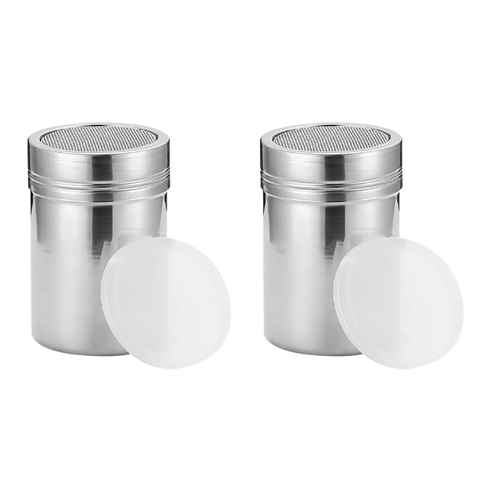 HugeDE 2 Pcs Stainless Steel Icing Sugar Shakers Kitchen Flour Salt Shaker Coffee Powder Sifter Fine Mesh Pepper Shaker Portable Sugar Powder Shakers with Lid for Cocoa Chocolate