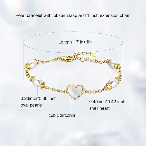 Image of Gold Pearl Bracelet for Women, REAL 14K Gold Plated Double Layered Dainty Pearls Bracelet, Elegant Stackable Flower Jewelry Gift for Her with OT Clasp