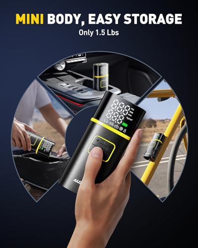 Image of AUXITO Tire Inflator Portable Air Compressor - 150PSI Bike Pump 1Min Fast Inflate with Tire Pressure Gauge, 5200 mAh, LED Light, Car Accessories Air Pump for Auto, Moto, Bike Car Gifts for Men