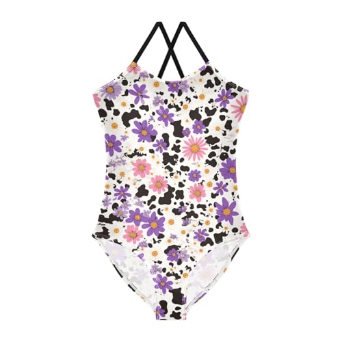 Black Cow Print Girls One Piece Swimsuits Sport Halter Swimwear Beach Bathing Suit 3T