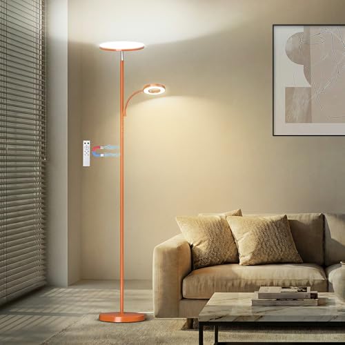 Image of marctronic Orange Floor Lamp, 42W 4000LM Super Bright LED Lamp with Reading Light for Living Room Bedroom Office, Touch Control, Dimmable Standing Lamp with Remote