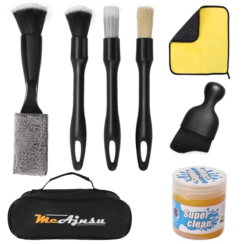 Qocuzax 8-Piece Car Interior Detailing Kit - 160g Non-Sticky Gel (128% More Than 70g), Ultra-Soft Detail Brush, Boars Hair Brushes, Dual-Head Vent Brush, Towel & Bag | for Cars, Trucks, SUVs