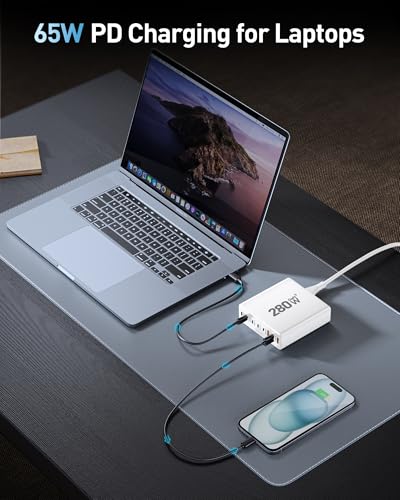 280W USB C Charger Block, 8-Port USB C Charging Station GaN III PD 65W Laptop Charger Adapter Compatible with MacBookPro/Air,DELL,iPad,Portable Charging Station for iPhone,Samsung Galaxy (White)