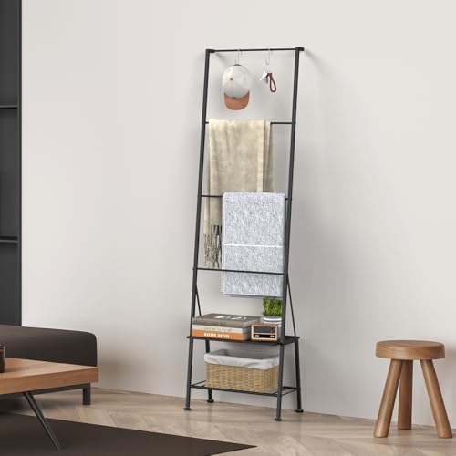 Badezimmer-Handtuchleiter mit Ablage und Haken,150 cm Handtuchhalter Freistehende Deckenleiter, für Badezimmer, Wohnzimmer, Schlafzimmer, Waschküche (Schwarz)