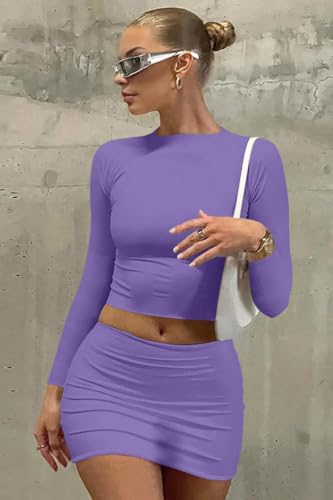 Image of LAGSHIAN Women Sexy 2 Piece Outfits Long Sleeve Crop Top Bodycon Mini Skirt Club Suits Dress