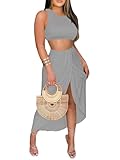 LYANER Women's 2 Piece Outfits Tank Crop Top and High Low Hem Ruched Bodycon Midi Skirt Gray Medium