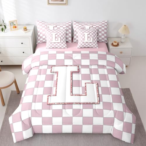 Image of Erosebridal Pink Initial L Queen Comforter Set with Sheets 7 Piece Kawaii Plaid Checkered Bed in A Bag Cute Personalized Monogram Bedding Sets for Kids Girls Teen Women,Fashion Grids Gingham Bed Set