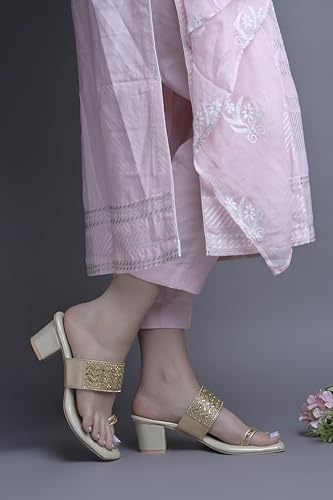 Image of JM LOOKS Women's Embellished Ethnic Heels Sandal with Toe Ring Design Comfortable Lightweight Heels for: Weddings, festive occasions.