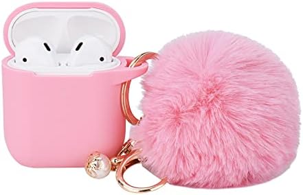 Pink Case for Women Cute Case Designed for AirPods Cover with Pom pom, Silicone Protective Keychain Case Compatible with AirPods 1/2, Accessories Keychain and Pom pom(Pink)
