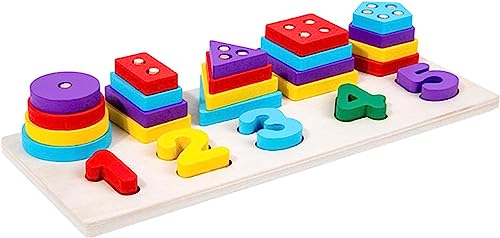 Image of SHINETOY ENTERTAIN KIDS Multifuction Shape Board,Sorting & Stacking Wooden Stackable Blocks for Toddlers,Color Recognition,Preschool Educational Toys Montessori Games Early Learning Puzzle Gift,16 Pcs