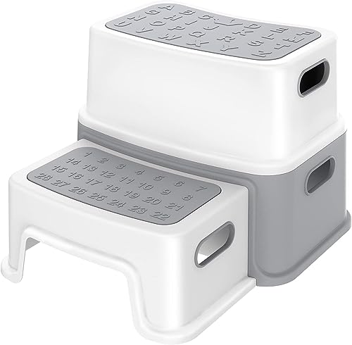 Image of GAOMON 2 Step Stools for Kids, Anti-Slip Toddler Step Stool for Bathroom Sink, Two Step Stool for Toddlers Toilet Potty Training, Toddler Stool for Kitchen Counter Bedroom, Grey