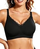 HORISUN Wireless No Underwire Bra for Women V-Neck Lace Trim Jelly Supportive Seamless Bra Comfortable Tshirt Bralette (Black 36C)