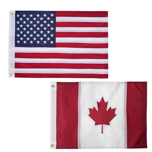 AMZFLAG Small American Flag and Canadian Flag 12x18 inch, Vivid Color USA Boat Flags Canada Flags for Outside, Heavy Duty Embroidered US United State with 2 Brass Grommets