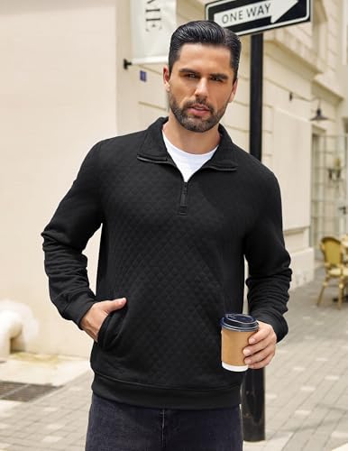 COOFANDY Mens Quarter Zip Pullover Quilted Sweatshirt Knit Long Sleeve Mock Neck Sweater Polo with Pocket A-black - Image 2