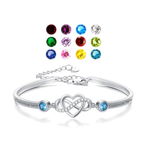 AOBOCO Sterling Silver Personalized Infinity Heart Bangle Bracelet with Name and Birthstones Custom Engraved Bracelet for Women