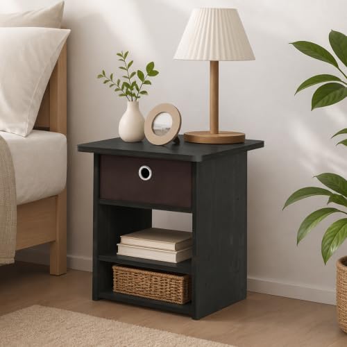 Furevol Square End Table with Storage Bin, Bedside Table with Open Back Shelf, Round Corner Night Stand, Side Table, for Bedroom, Living Room, Espresso
