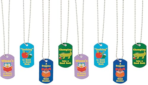 Fun Express I Love Reading Dog Tag Necklaces - 12 Pieces - Educational and Learning Activities for Kids (Pack of 2)