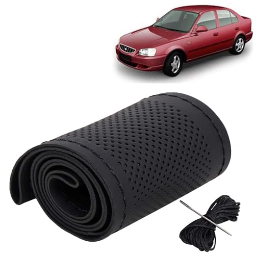 Image of KINGSWAY PU Leatherite Car Steering Cover Sewable Compatible with Hyundai Accent (Year 1999-2016), Black Color with Black Thread, Pack of 1 with Sewing Needle and Thread