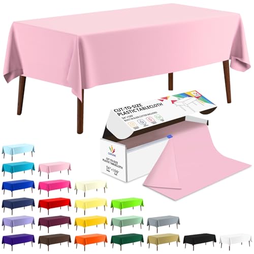 CXPSINC 54 Inch X 100 Feet Plastic Table Cover Roll Disposable Tablecloth with Slide Cutter for All Type/Shape Tables | Party, Banquet, Birthdays, Weddings(Pink, 100 Feet)