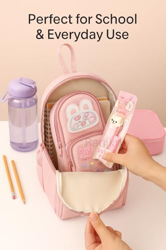 Image of Kawaii Cute Rabbit Pencil Pouch for Kids with Cute Cat Eraser Set | 6-Layer Multi-Pocket Pen Bag for Girls | School Stationery Kit Combo | Cute Bunny Design Pink Pouch