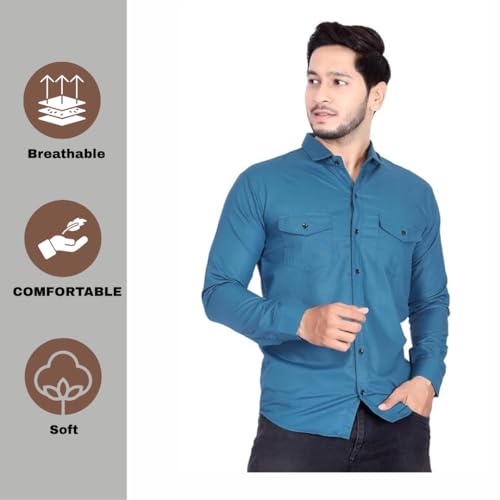 Image of Men's Cotton Spread Collar Full Sleeve Regular Fit Solid Casual Shirt with Double Pockets - Stylish Comfortable Shirt for Everyday Wear