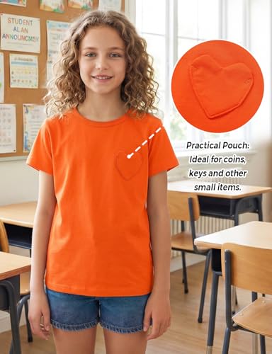 Image of Noomelfish Girls Short Sleeve Heart Pocket T-Shirts Casual Cotton Tee Tops Blouse (5-12 Years)