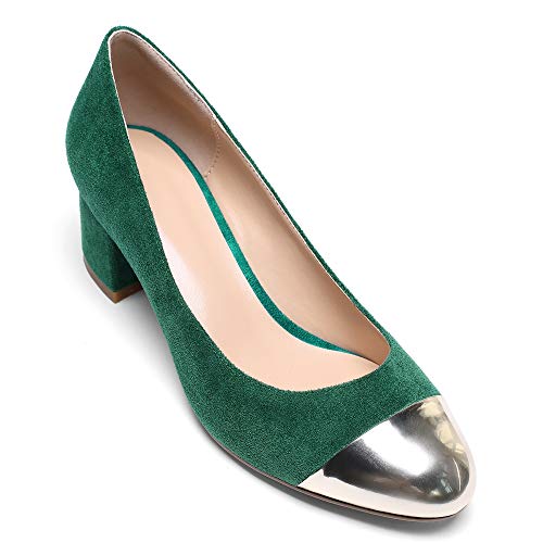 YODEKS Women's Mid Heel Pumps Shoes Round Toe Color Stitching High-Heel Slip On Pumps Manmade Leather 2" Block Heel Closed Toe Party Dress Shoes4