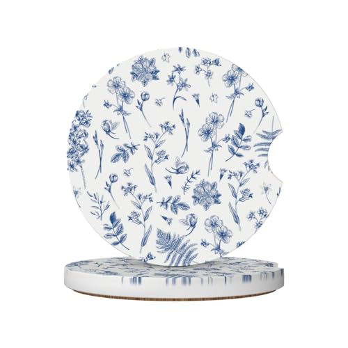 Vintage Blue Flower Car Coasters for Cup Holder Absorbent Ceramic Cup Coaster 2 Pack Anti Slip Car Interior Accessories with Finger Notch Cork Base for Women Men 2.56