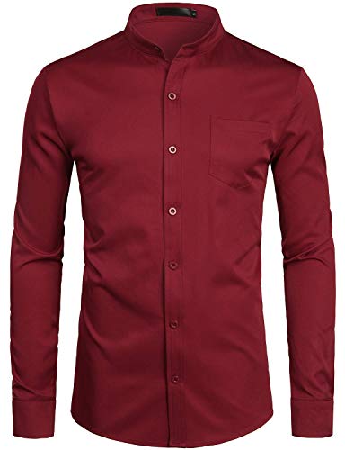 chinese collar dress shirts ZEROYAA Men's Mandarin Stretch Burgundy S Clothing in Spanish: Words designed with a mandarin category-Pants Size:Pre-order 2