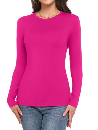 Women Thermal Long Sleeve Shirts Crew Neck Fitted Tops Fleece Lined Fall Winter Tops Base Layer Undershirt Rose Small