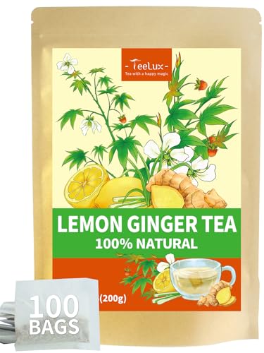 Image of TeeLux Lemon Ginger Tea, Soothing & Warming Flavor, Caffeine Free, 100 ct | Zesty Ginger Root Blend with Lemongrass, Lemon Peel & Sweet Tea Leaves, Citrus Aroma, Sugar Free, Gluten Free, Hot or Iced