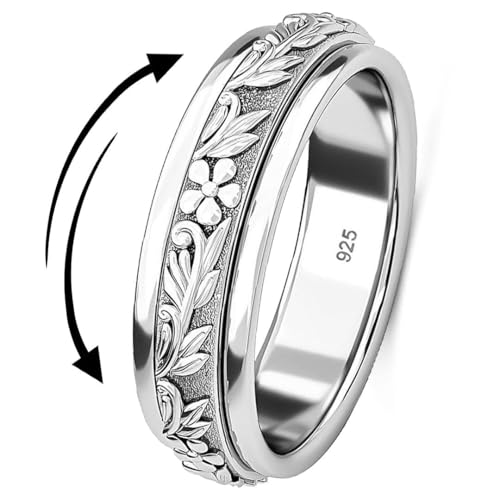 Shop LC Fidget Rings Spinner Ring for Women - Spinning Anxiety Ring for Men - Wedding Band 925 Sterling Silver Platinum Plated Flower Floral Jewelry Stress Relief Birthday Gifts for Women Size 8