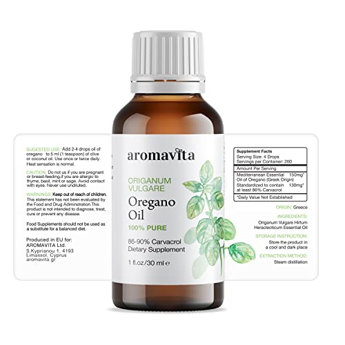 Aromavita Essential Oil Of Oregano-100% Pure Undiluted Non Gmo Extra Strength Organic Greek Oregano Oil - Over 86% Carvacrol Oregano Extract Liquid Nutritional Dietary Supplement, 3.4 Fl.oz/100Ml #TOP1