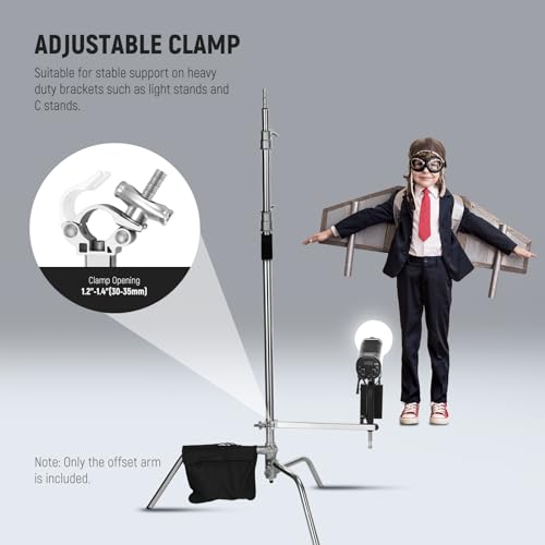 Image of NEEWER Offset Arm with Clamp & Dual 5 /8 inch Baby Pins for LED Video Light Studio Flash, 1.5ft /46cm Stainless Steel Boom Grip Arm for o1.2-1.4 inch Center Column Photography Light Stand, Max Load 22lb, UA038