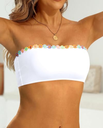 Image of Aqua Eve Women Bandeau Bikini Top Only Strapless Swim Top Tube Swimsuit | Removable Straps,Removable Soft Cups,Adjustable Straps,Full Lining,Stretch Fabric