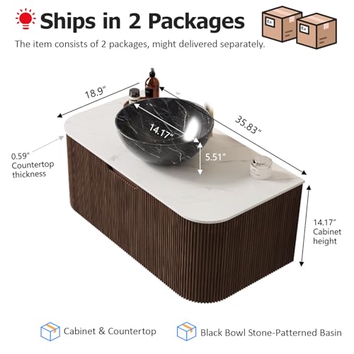 AmbroVania 36" Floating Bathroom Vanity with Sink, Wall Mounted Modern Bathroom Cabinet with Ultra-Thin Ceramic Black Basin and Marble Top, Large Storage Drawer, Soft-Close Design, Dark Walnut