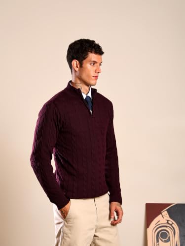 Image of Kvetoo Men's Wool High Neck Zipper Sweater, Full Sleeve Cable Knit Quarter Zip Winter Pullover