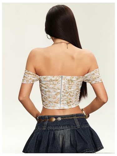 Image of Floerns Women's Off Shoulder Short Sleeve Asymmetrical Hem Ruched Corset Crop Top