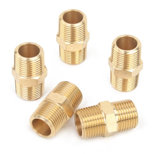 LTWFITTING Brass Pipe Hex Nipple Fitting 3/8 x 3/8 Inch Male Pipe NPT MNPT MPT Air Fuel Water(Pack of 5)