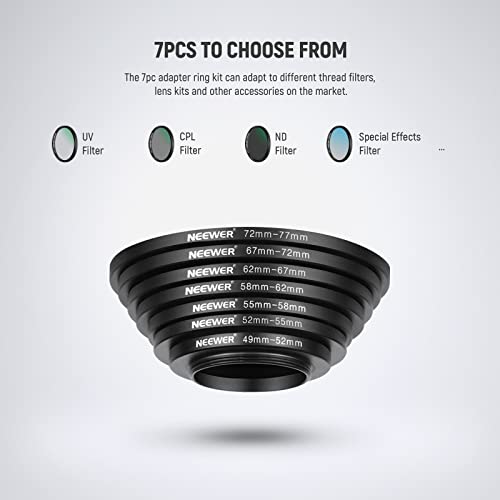 Image of NEEWER 7PCS Step Up Rings Filter Adapter, 49-52mm, 52-55mm, 55-58mm, 58-62mm, 62-67mm, 67-72mm, 72-77mm Threaded Premium Anodized Aluminum Frame