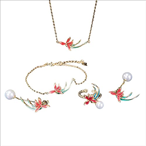 Pendientes de orquídea dorada y conjunto de joyería clásica Hanfu para mujer S925