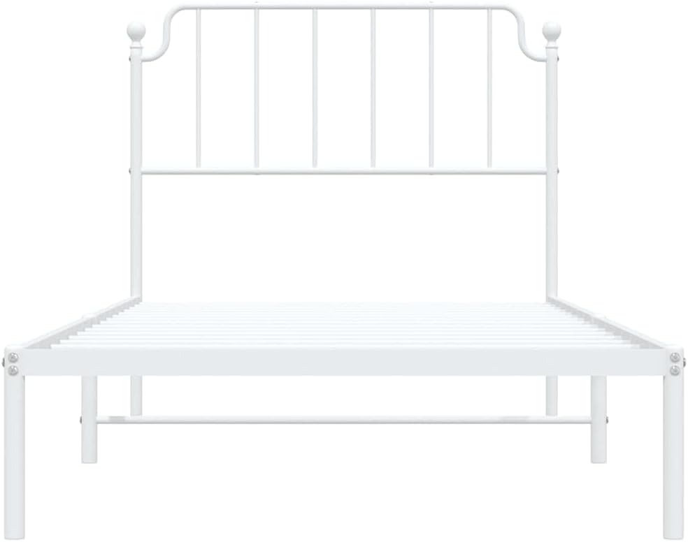 Bed Frame White Powder-Coated Steel Single Bed Frame with Metal Slats Sturdy Platform Foundation for Mattress Support No Box Spring Needed Easy Assembly Minimalist Bedroom Furniture
